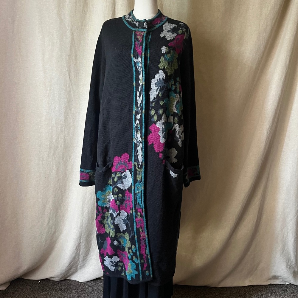 J. Jill Long Floral Knit Duster Cardigan XL Tall Black Cotton Blend Artsy Boho